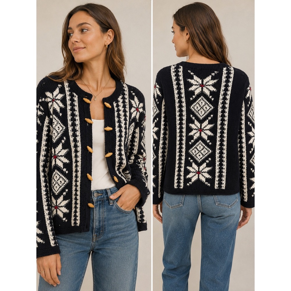 Original Roughwear Nordic Fair Isle Toggle Cardigan Sweater Black White Petite S